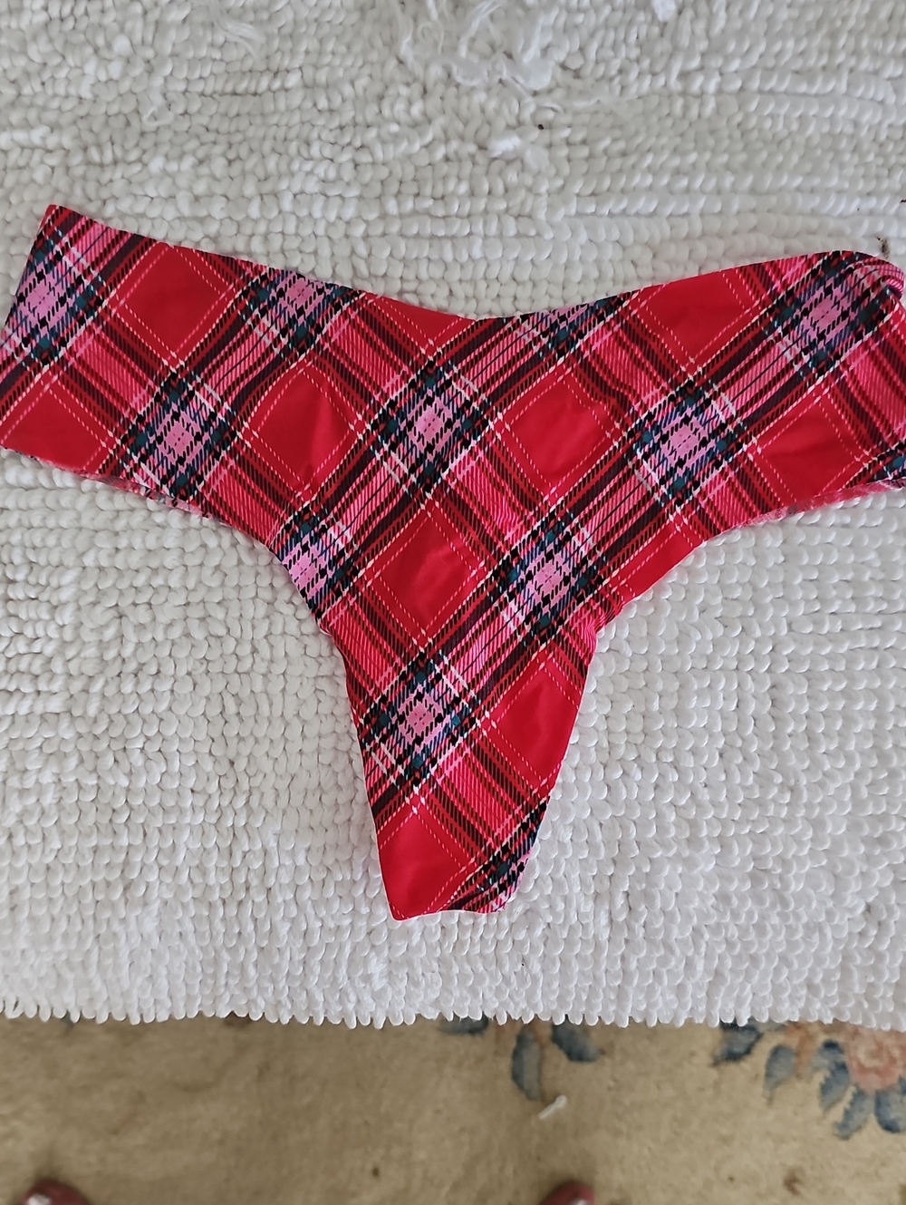 NWT Victoria's Secret Red Pink Plaid Thong Panty